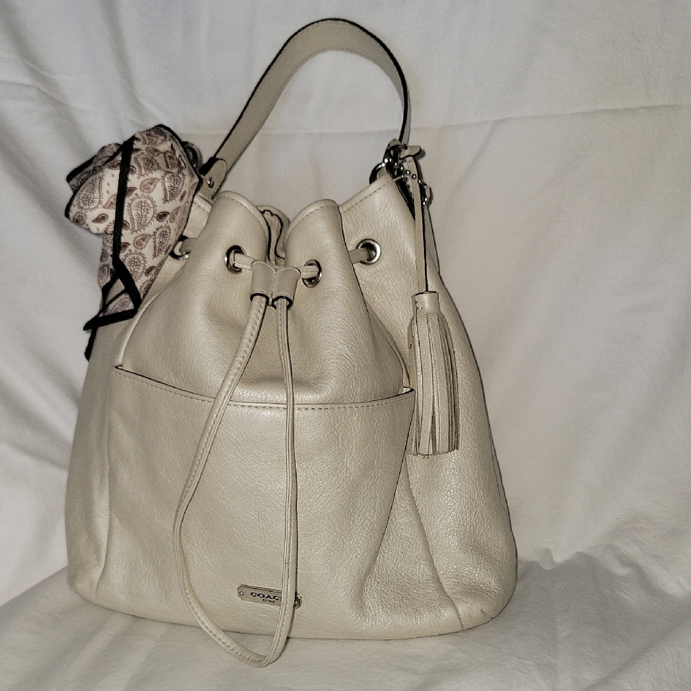 Coach Avery Drawstring Cream Hobo Bag with Structured Silhouette